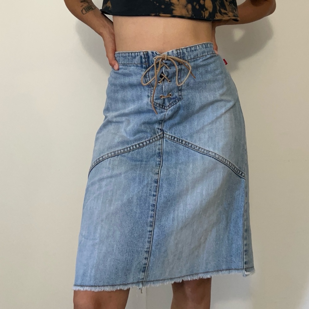 y2k hot kiss blue denim midi skirt with lace up detail